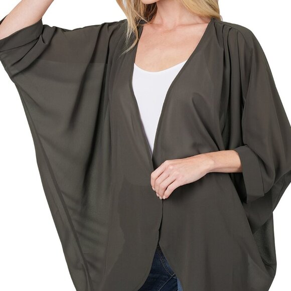 Zenana Open Front Chiffon Cardigan with Shoulder Pleat Ash Grey - Picture 1 of 3